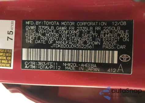 2009 Toyota Prius from USA, damaged, VIN JTDKB20U093522561